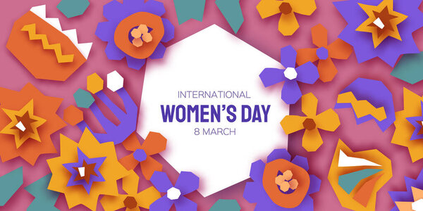 Happy International Womens Day. Abstract Hand drawn paper cut floral shapes. Trendy Flower contemporary art. 8 March. Spring. Happy Mothers Day. Paper art work. Very peri color. Vector.