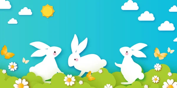 Happy Easter Day design greetings card with Cute white rabbits in paper cut style. Bunny with flowers and butterfly. Spring holidays in modern style. Easter Egg Hunt with egg hunt. Spring scene. Vector Graphics