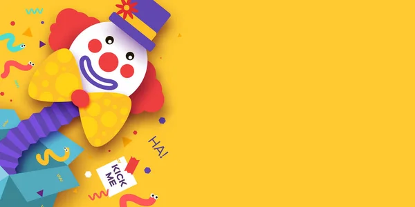 April Fools Day with Clown Character in paper cut style. April 1 party. Present joke box. Fools Day Poster. Funny spring holiday. Vector Graphics