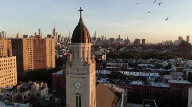 Aerial of sunrise in the Lower East Side of New York City, 2021