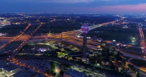 Aerial Reunion Tower Downtown Dallas Texas Night — Stockvideo