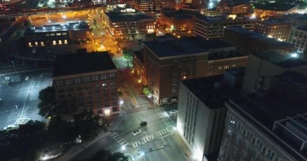 Aerial Dealey Plaza Sixth Floor Museum Night Dallas Texas — Stock Video