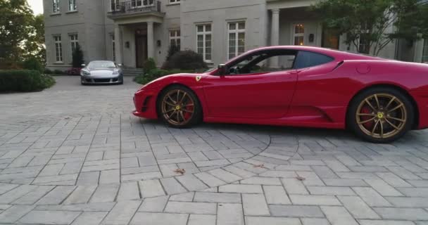 Aerial Porsche Ferrari Entrance Mansion Estate — Wideo stockowe