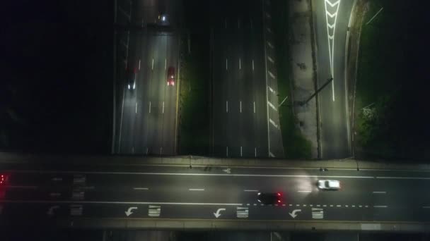 Aerial Footage Highway Bridge Traffic Foggy Night — Stock Video