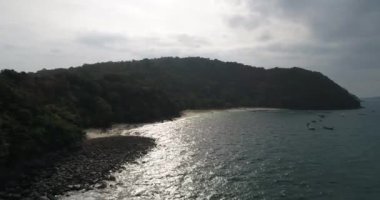 Palmiye ağaçları ve deniz olan tropik bir sahil. hava görünümü