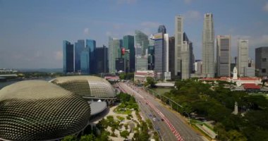 Escplanade Tiyatrosu ve Singapur şehir merkezi silueti.