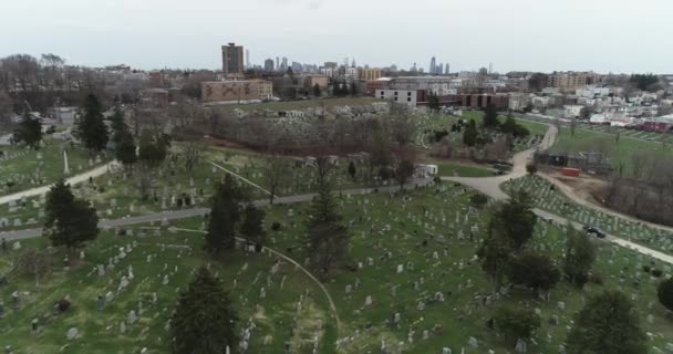 Luchtfoto Van Fairview Cemetery Nyc Skyline Fairview New Jersey — Stockvideo