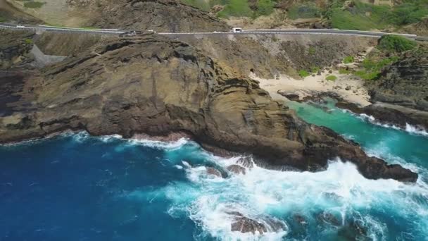 Aerial Rocky Cliffside Road Oahu Hawaii — Stock Video