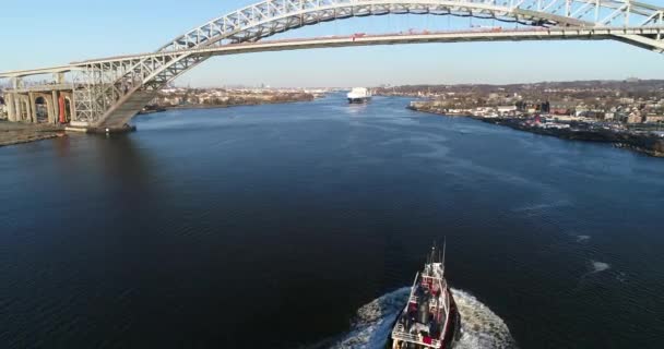 Aeronave Rebocador Passando Pela Ponte Bayonne Staten Island Nova York — Vídeo de Stock
