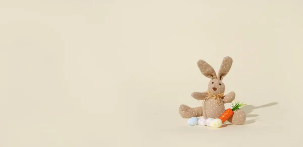 Beyaz arka planda yumurta ve havuçlu şirin bir tavşan. Yaratıcı Paskalya kartı fikri.