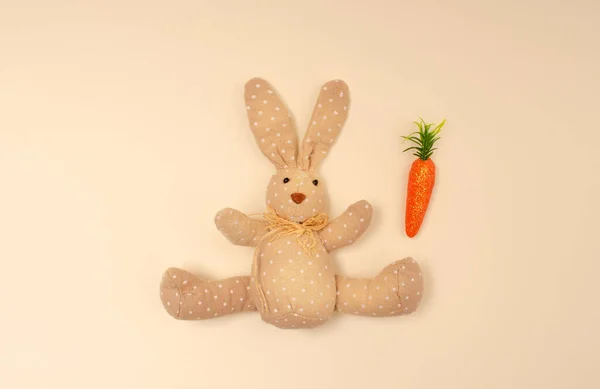 Paskalya tavşanı ve havuçla yapılmış yaratıcı bir düzen. Güzel arkaplan, düz yatak.