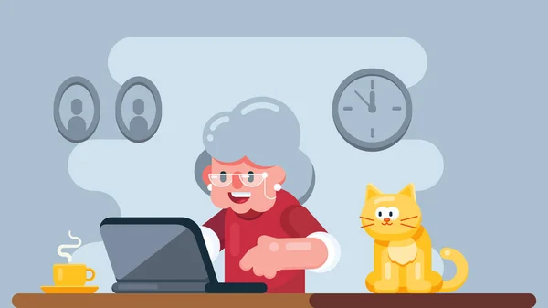Evde dizüstü bilgisayarla çalışan tatlı bir yaşlı kadın. Çevrimiçi eğitim, web kursları, modern teknolojiler ve yaşlılık konsepti. Beyaz arkaplanda düz biçimdeki vektör illüstrasyonu