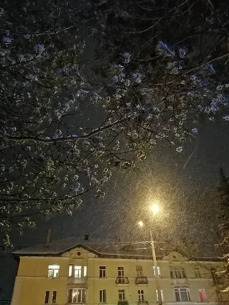 Nächtlicher Schneefall Der Stadt — Stockfoto