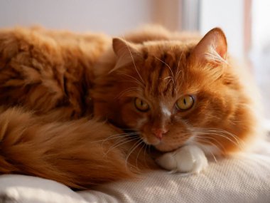 Beyaz bir pencerede kızıl kedi