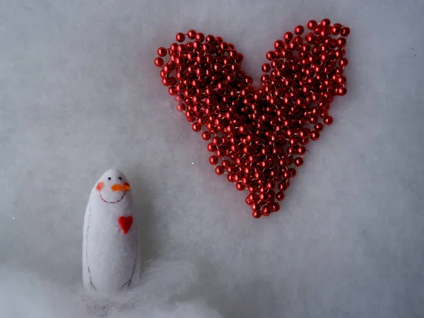 White Snowman Red Christmas Heart — Stock Photo, Image