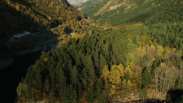 Herbst in den Wäldern der Pyrenäen in Huesca, Aragon. Drohnenaufnahmen. — Stockvideo