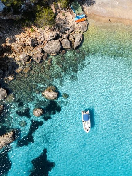 Aerial View Ibiza Beach Summer Boats Yachts Crystal Clear Water — Foto de Stock