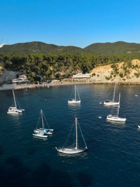 Cala dHort 'un havadan görüntüsü. İbiza adası. İspanya.