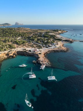 Cala Bassa beach in Ibiza. Drone view.