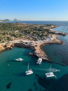 Cala Bassa beach in Ibiza. Drone view.