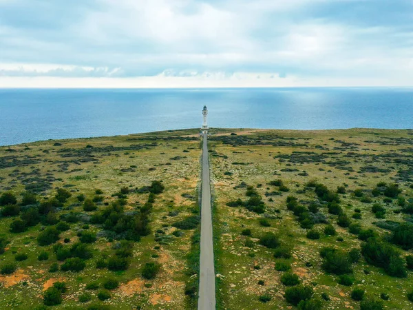 Formentera adasındaki Cap de Barbaria Deniz Feneri 'nin havadan görünüşü