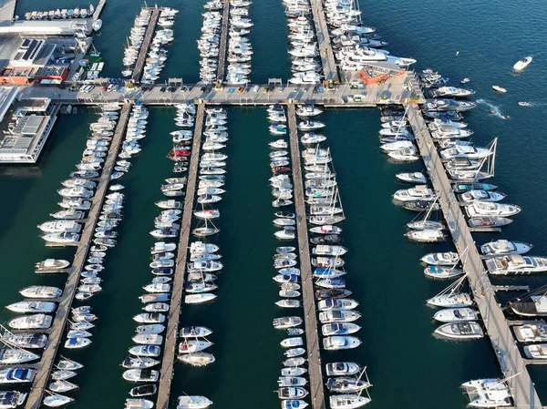 Aerial View Pontoons Full Boats Sailboats Marina Ibiza — Fotografia de Stock