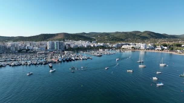 Marina Full Boats Yachts Front Coastal City Drone Footage Ibiza — 图库视频影像
