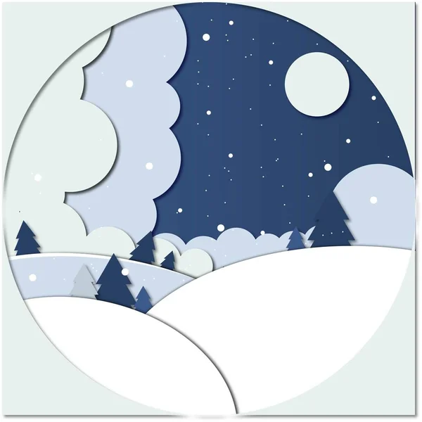 Зима Новогодняя Иллюстрация Деревья Небо Ночь Снежинки — стоковый вектор
