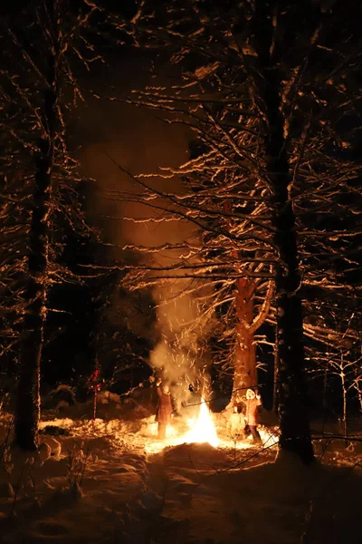 Bonfire with sparks in the winter snow forest on New Year\'s Eve