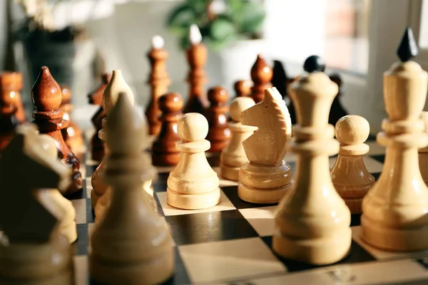 Wooden Chess Pieces Close Chessboard Game — Stock Photo, Image