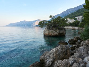 Punta Rata Plajı ve Stone Hırvatistan 'ın Brela tatil beldesinde. Güzel Adriyatik Denizi manzarası. Brela 'nın sembolü