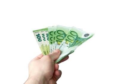 100 Euro 'luk banknotlarla el ele tutuşmak. Para, şeffaf bir arkaplanda. Para bağışı.