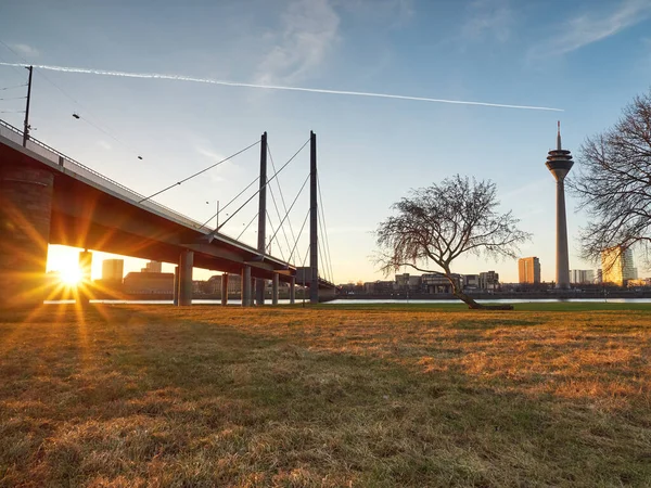 Güneş doğarken Düsseldorf şehrindeki Rheinknie Köprüsü ve Rheinturm Kulesi. Ren nehrinin kıyısından şehrin ufuk çizgisi manzarası