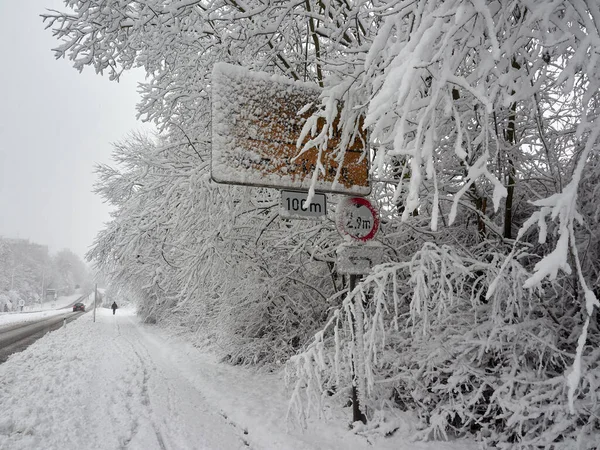 Caminos Cubiertos Nieve Aceras Árboles Señales Tráfico Cubiertas Nieve Ataque — Foto de Stock