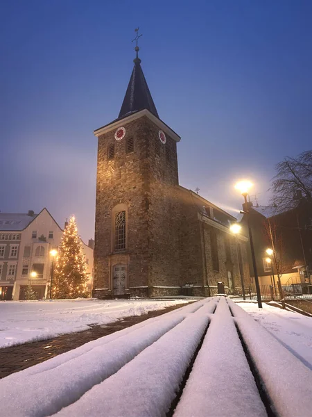 Velbert Niemcy Stycznia 202 Stary Kościół Ewangelicki Centrum Miasta Oświetlony — Zdjęcie stockowe