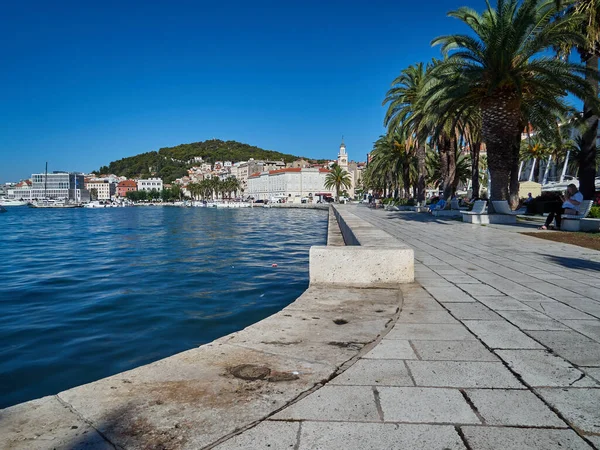 Split Dalmatia Croatia 2020 Splitska Riva Promenade Palm Trees Harbor — Stock Photo, Image