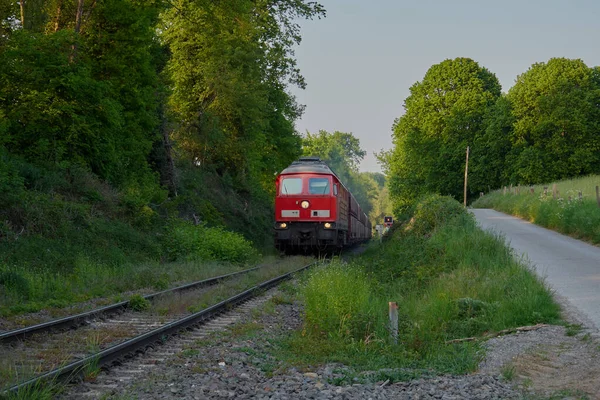 Comboio Carga Chegar Trem Viaja Longo Trilhos Ferroviários Locomotiva Vermelha — Fotografia de Stock