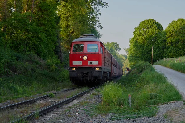 Comboio Carga Chegar Trem Viaja Longo Trilhos Ferroviários Locomotiva Vermelha — Fotografia de Stock