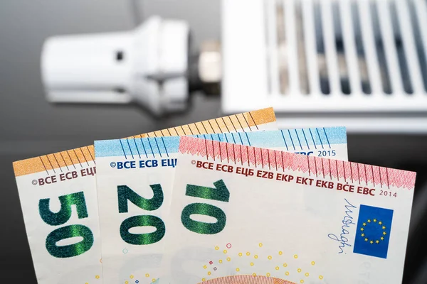 Arka planda beyaz bir radyatör olan Euro banknotları