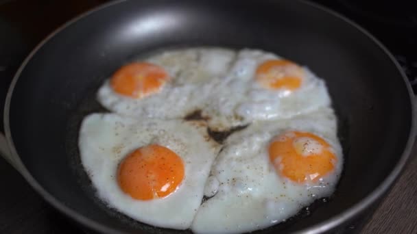 Quatro Ovos Fritam Mesmo Tempo Uma Panela Com Óleo — Vídeo de Stock