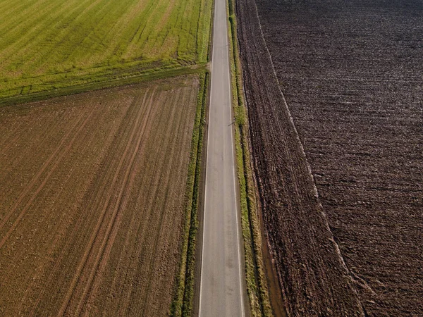 Drone Shot Van Eenbaansweg Tussen Omgeploegde Velden Het Voorjaar — Stockfoto