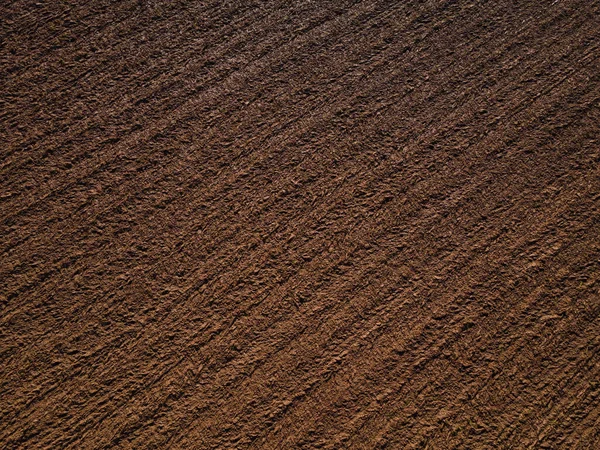 Drone Shot Freshly Plowed Field Brown Soil Spring — Zdjęcie stockowe