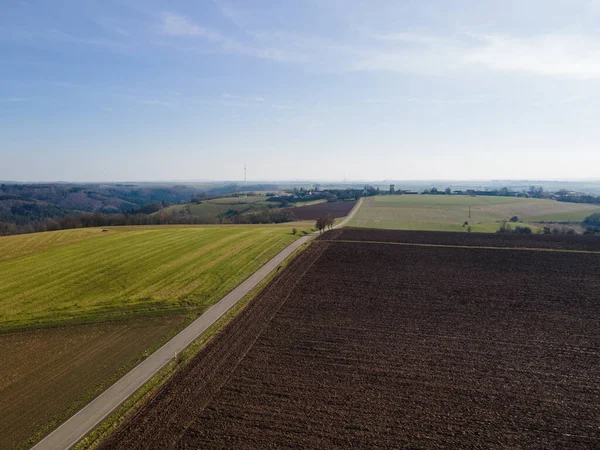 Drone View Single Lane Road Agricultural Plowed Fields Spring — ストック写真