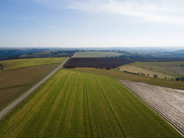 Aerial View Agricultural Fields Single Lane Road Countryside Sunny Spring — ストック写真