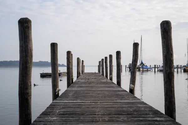 Wooden Pier Lake Cloudy Morning Autumn — ストック写真