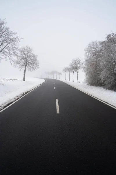 Camino Campo Entre Árboles Nieve Una Mañana Brumosa Invierno —  Fotos de Stock