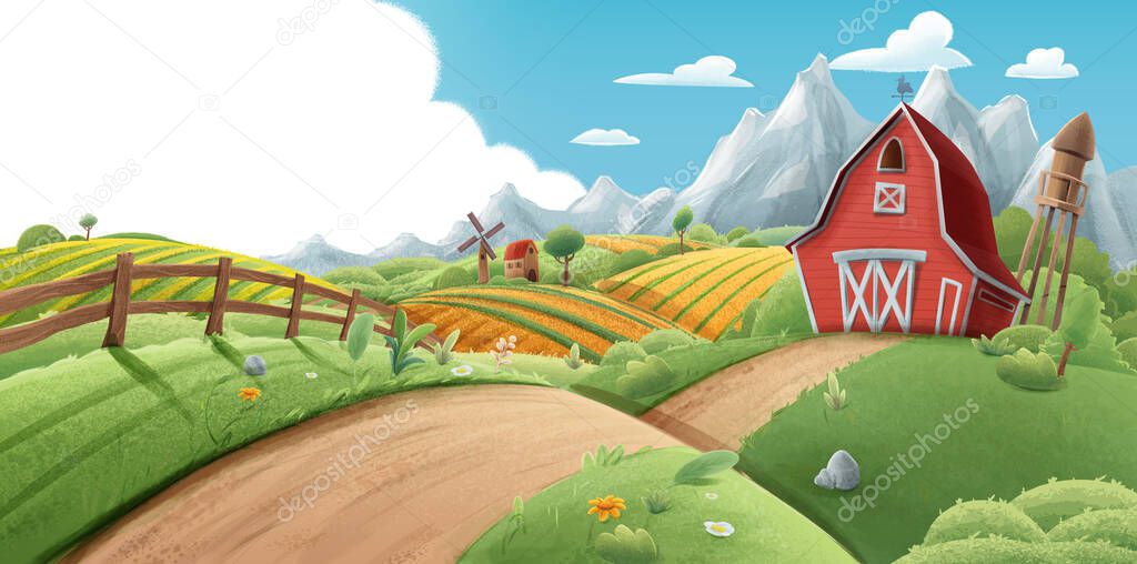 illustrated landscape of a farm for background