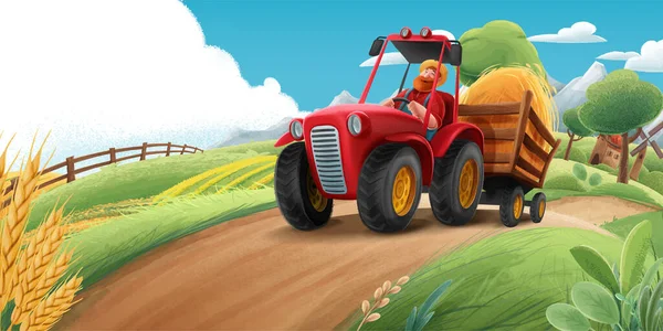 Farmer Drives Tractor Illustrated Agricultural Landscape — Stock Vector