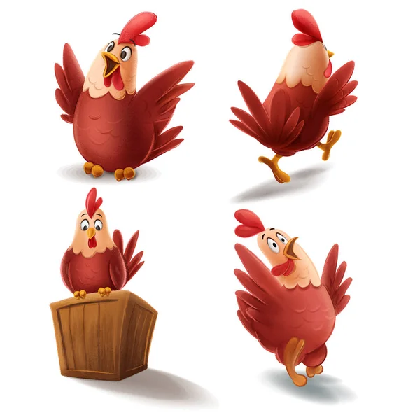 Σύνολο Χαριτωμένο Κοτόπουλο Κινουμένων Σχεδίων Και Κότα Που Απομονώνονται Λευκό — Διανυσματικό Αρχείο