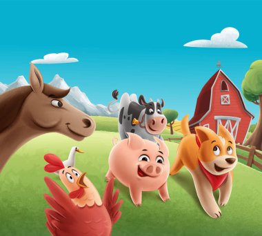 İnek, domuz, köpek, kadrolu ve atlı bir çiftliğin resimli manzarası